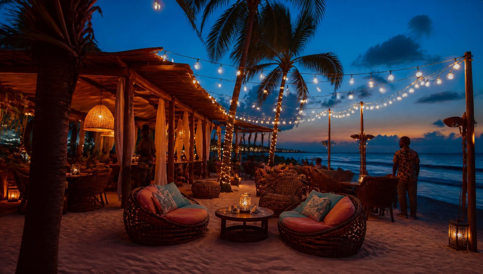Jet Beach Club at dusk, set up for an evening event